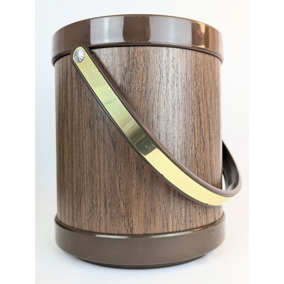 Vintage MCM Vinyl Faux Wood Ice Bucket with Lid Mid Century Barware Wine Chiller - Picture 4 of 9